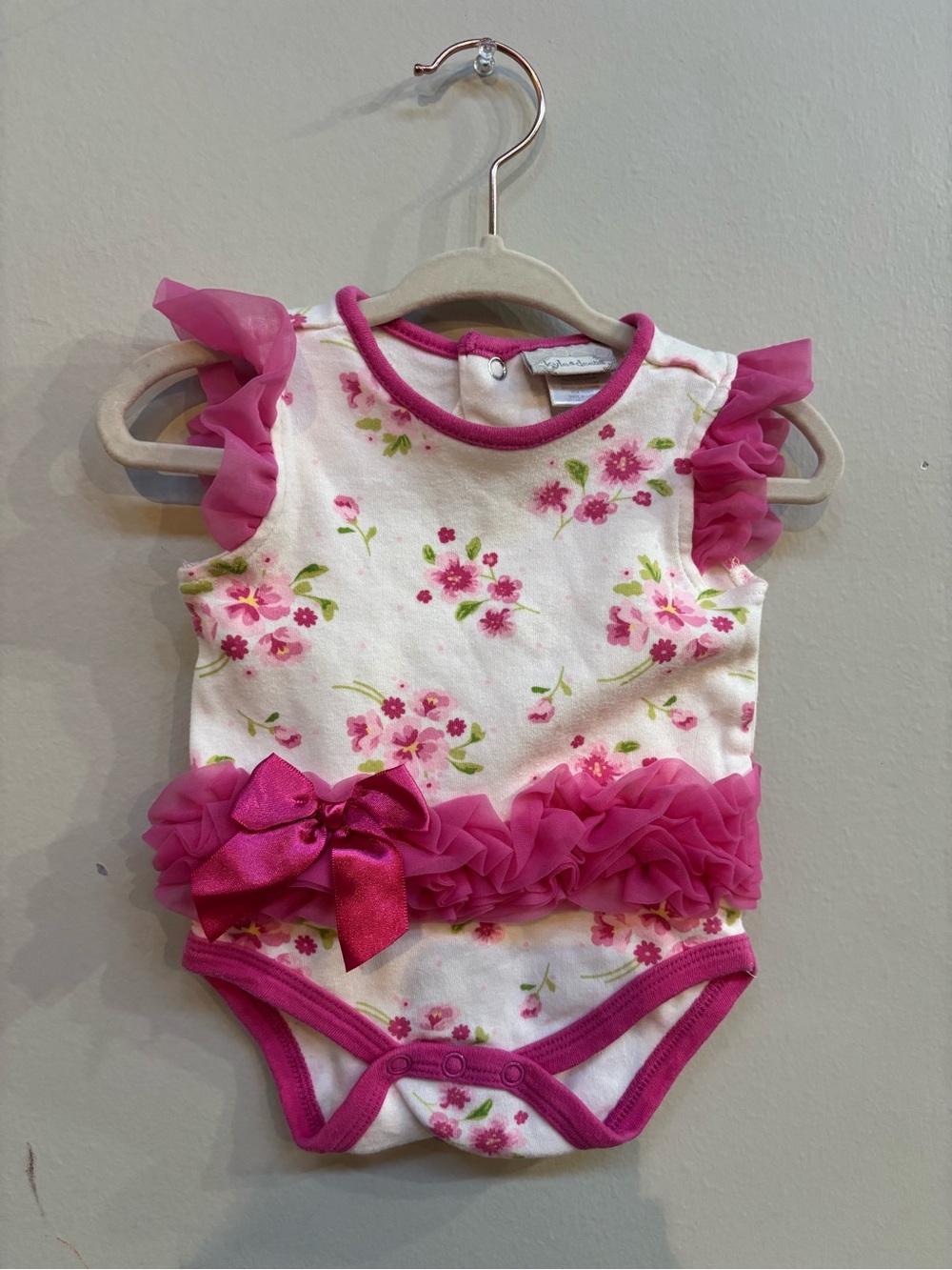 Pink Floral Baby One-Piece Bodysuit with Ruffle and Bow